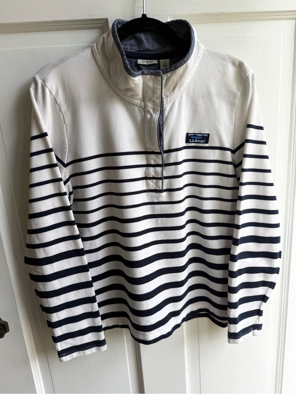 L.L. Bean White and Navy Striped Quarter-Zip Pullover